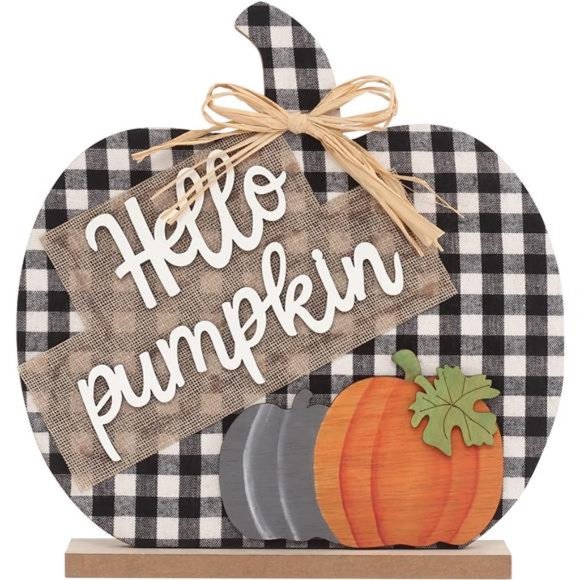 Fall Hello Pumpkin Sign Decorations, 12"/30CM Wooden Buffalo Plaid - Picture 4 of 6